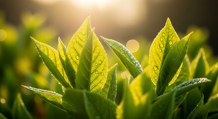 Sunlight filtering through vibrant green leaves glistening with dew drops in a serene natural setting.