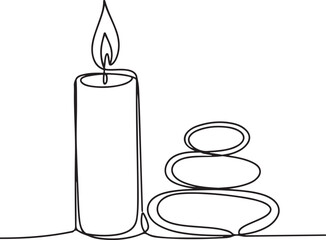 Continuous line art illustration of candle with flame and stacked stones using natural sketch contour