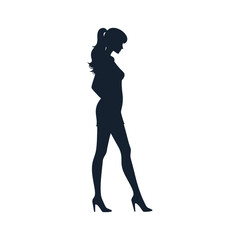 Silhouette of a woman in a short dress and high heels.
