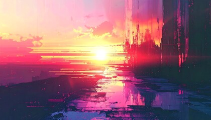 Abstract pink sunset with a surreal glitch effect, reflected on a shiny surface below a clouded sky