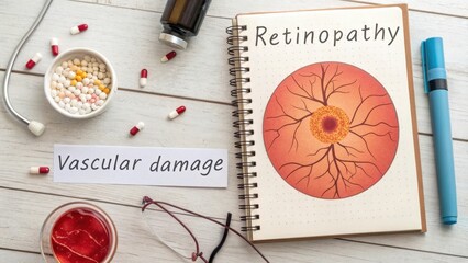 Diagram of Retina illustrating vascular damage alongside pills