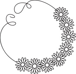 Continuous line art illustration of curved garland of small daisies with natural sketch contour