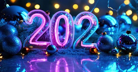 Bright neon numbers 2023 surrounded by festive ornaments. Blue, pink lights create celebratory mood. Reflective surface adds depth.