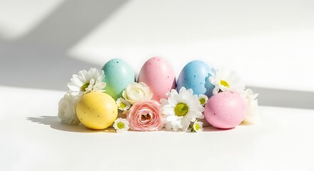 A pastel-colored Easter egg arrangement with delicate white and pink flowers on a white background.
