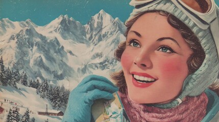 Fototapeta premium Vintage ski postcard showing a smiling woman skier in retro winter gear with mountain slope and chalet in background, evokes nostalgia, joy, and alpine leisure.