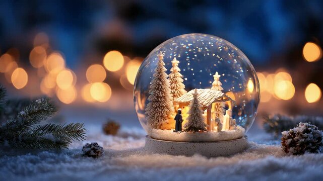 Magical Nativity Scene Snow Globe with Twinkling Lights and Frosted Pine Branches on Snowy Ground