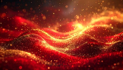 Abstract red and gold waves sparkle under a warm light, creating a dynamic and luxurious visual texture