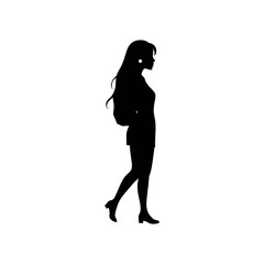 Silhouette of a woman walking, wearing a dress and heels, with long hair.