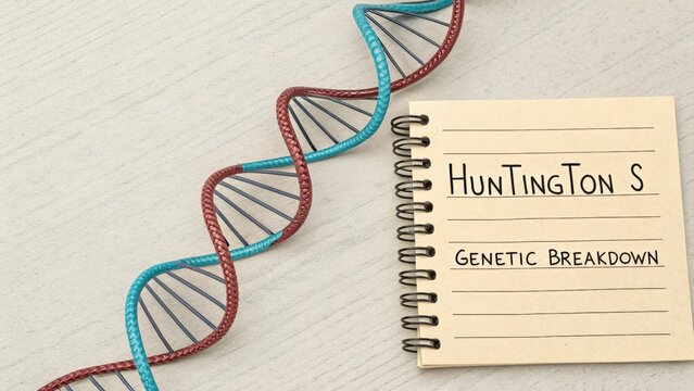 DNA Strand and Huntington Genetic Disease Note on Wooden Surface