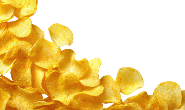 Pile of golden potato chips on left, dark right background