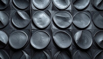 Abstract repeating pattern of indented circular shapes within squares, gray tones, creating textured visual rhythm