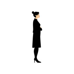 A side profile illustration of a woman in a black suit and heels, with her hair in a bun.