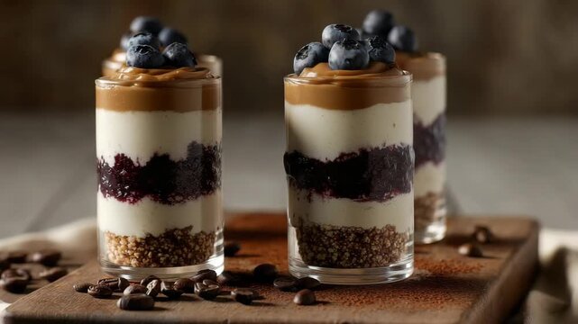 Gourmet layered dessert parfait in clear glass cups topped with fresh blueberries and caramel cream served on a wooden board with scattered coffee beans and cocoa powder