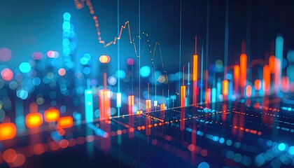 Abstract representation of financial data with charts and bokeh in blue, orange, and red tones