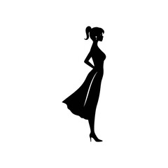 Elegant black silhouette of a woman in a flowing dress and high heels, standing in profile with hands behind her back.
