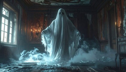 A spectral figure looms amid a decaying, ornate room, shrouded in mist and eerie light. Candles flicker in the background