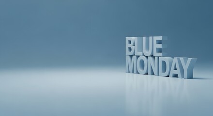 3 D blue text spelling Blue Monday on a light blue background lettering typography