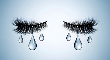 Black Eyelashes Crying Transparent Water Droplets Blue Background false eyelashes