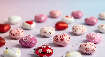 A collection of heart-shaped candies and ornaments scattered on a pastel-colored surface, evoking a sense of love and celebration.