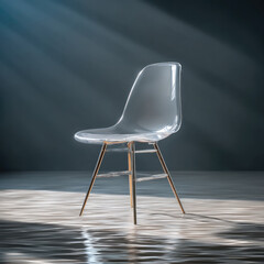 Clear acrylic chair with gold metal legs, modern minimalist style, elegant and stylish, illuminated by soft natural light
