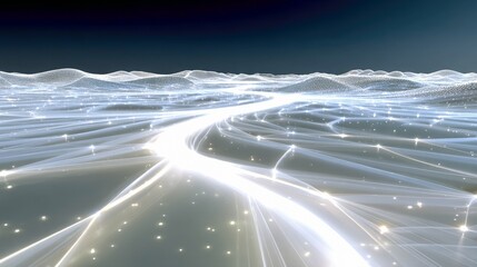An abstract, futuristic digital landscape with glowing white network lines and sparkling data points spread across a mesh terrain under a dark sky.