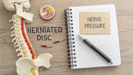 Flat lay of a herniated disc and spinal model with pen