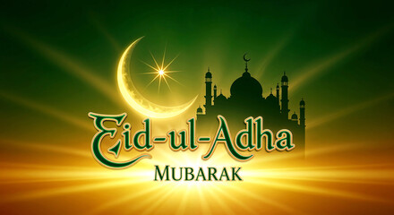 Eid-ul-Adha Mubarak: Glowing Crescent and Mosque Silhouette Radiating Spiritual Joy and Devotion in Green and Gold