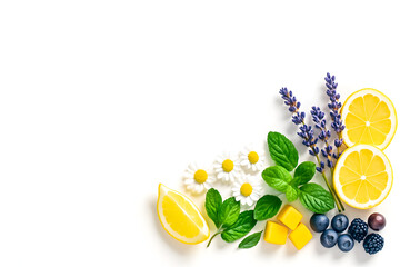 Herbal tea ingredients with lemon mint lavender chamomile and berries on white background