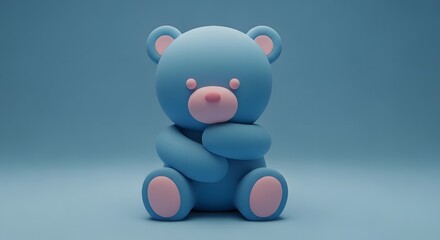 Blue 3 D teddy bear with pink accents sitting on blue background blue teddy bear