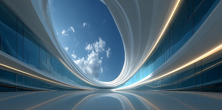 3d render of abstract futuristic glass and steel building with curved lines on blue sky background, low angle view, close up