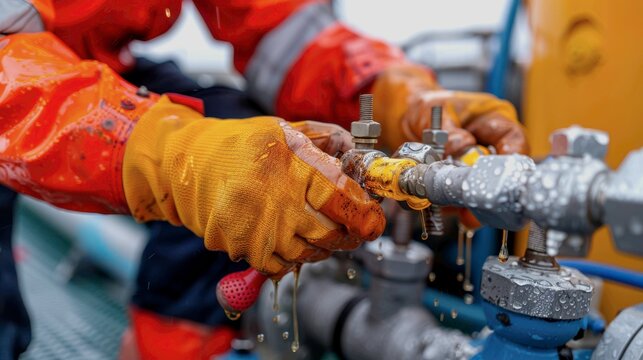 a technician's gloved hands adjusting a hydraulic valve on the pitch system inside a turbine's hub