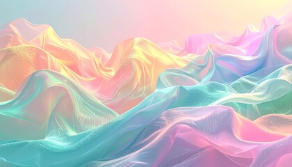 Abstract soft waves in iridescent pastel hues create a dreamy, fluid, and gentle ethereal landscape