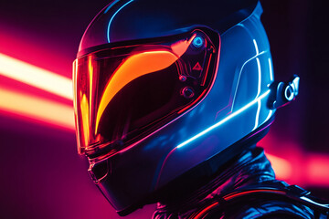 Retro futurism style portrait of person neon VR visor wear clothes inspired how people imagined future 80s 90s generative ai