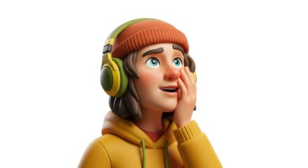 Cartoon character with headset looking up on white background render