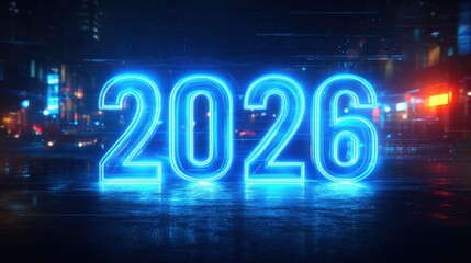Glowing neon numbers 2026 on dark futuristic city street