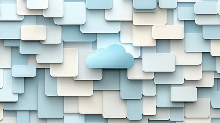 A single 3D blue cloud shape hovers above a textured background composed of numerous overlapping, rounded squares and rectangles in pastel shades of blue, cream