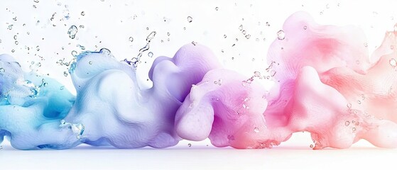 Abstract swirls of blue, purple, and pink smoke intermingle with clear water droplets against a white background.