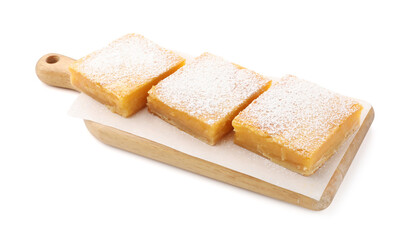 Tasty lemon bars with powdered sugar isolated on white