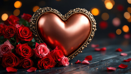 A metallic heart rests beside a bouquet of red roses with soft bokeh lights in the background.