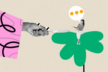 Poster image artwork pop collage of hand hold knife threat bubble communication victim girl abuse concept emoji eyeball sticker