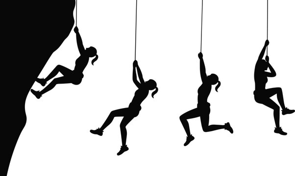 Black silhouette of women rock climbing and rappelling on white background woman