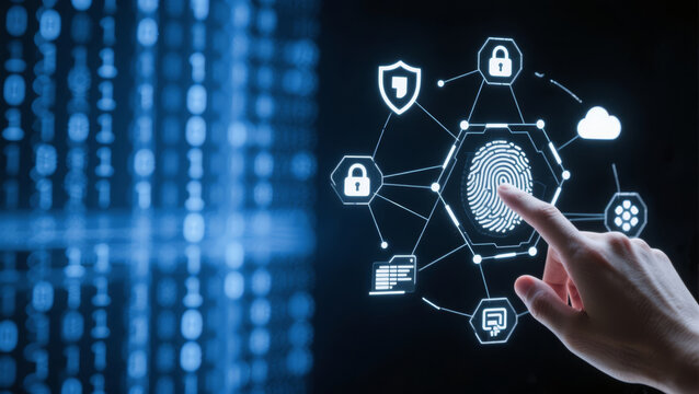 Fingerprint scan initiates digital security network with data and cloud connections. - Powered by Adobe