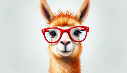 Whimsical llama with bright red glasses sporting a fluffy orange mane against a pale background.