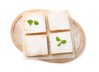 Tasty lemon bars with powdered sugar and mint isolated on white, top view