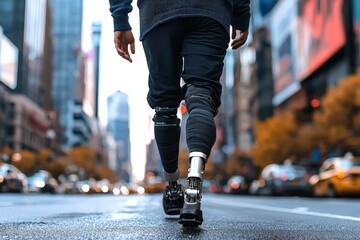A person with a prosthetic leg confidently walking down a city street, urban setting, stylish attire