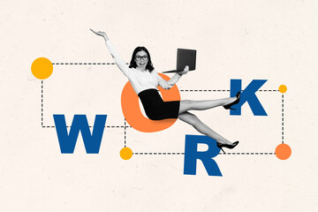 Art sketch image vertical pop collage of happy businesswoman freelancer surf laptop workshop vacancy candidate recruitment