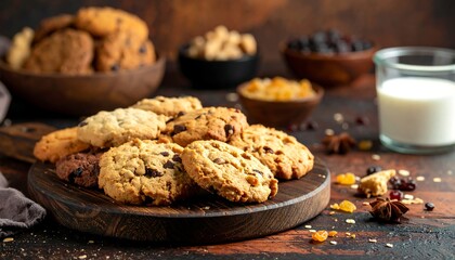 Cookies and milk. Arrangement of various freshly baked cookies on a wooden board, beside a glass of milk