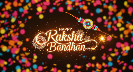 Raksha Bandhan Celebration: Glowing Script and Ornate Rakhi Symbolizing Sibling Love and Tradition in a Festive Light