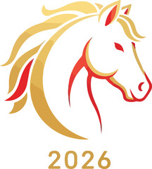 A gold and red stylized horses head with 2026 underneath