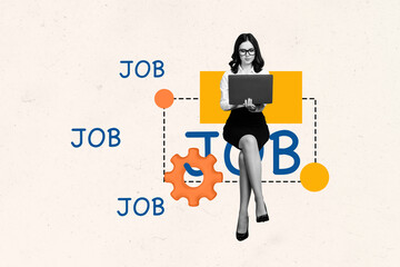 Banner sketch image vertical pop collage of happy businesswoman freelancer surf laptop workshop vacancy candidate recruitment